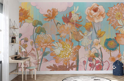 Whimsical Pastel Floral Mural Wallpaper in playroom