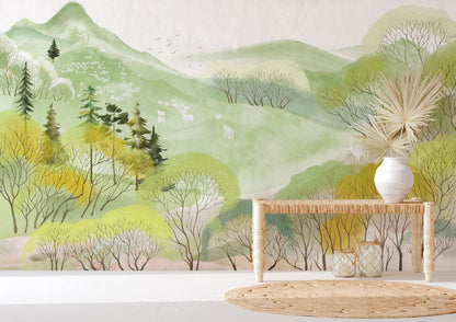 Pastoral Landscape Watercolor Mural Wallpaper in living room