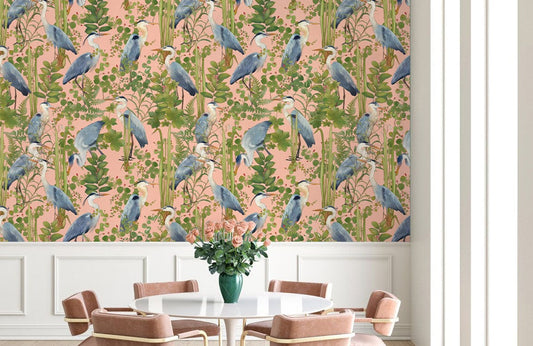 Tropical Heron Pink Botanical Mural Wallpaper in dining room