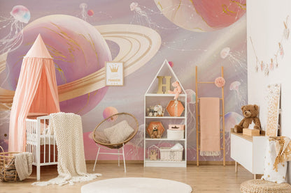 Whimsical Planetary Jellyfish Mural Wallpaper in bedroom
