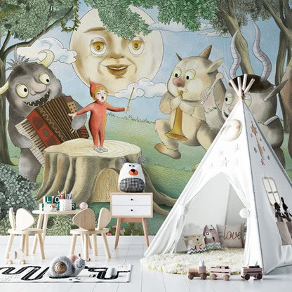 Whimsical Forest Creature Kids Mural Wallpaper in playroom