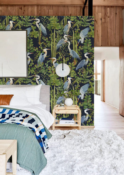 Tropical Heron Botanical Mural Wallpaper in bedroom
