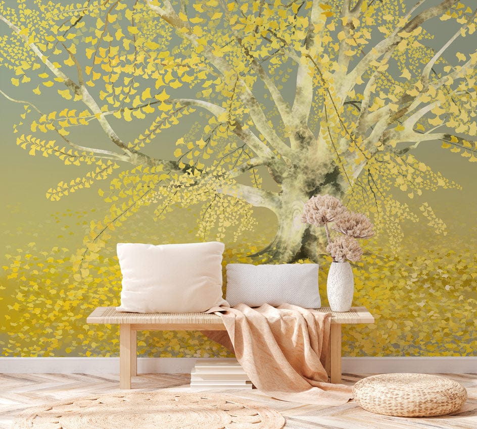 Golden Autumn Tree Nature Mural Wallpaper in living room