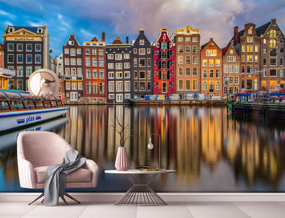 shops of Amsterdam by shore customized wallpaper