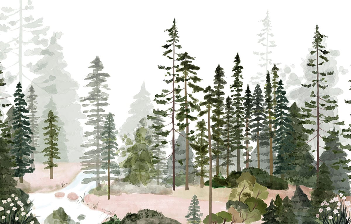 Stunning Watercolor Wall Mural of a Lush Forest Scene.