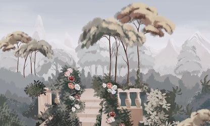 Misty Mountain Floral Landscape Mural Wallpaper