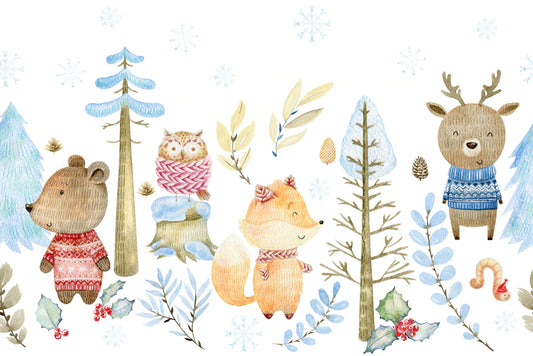 Plain Wallpaper Mural with Winter Animals