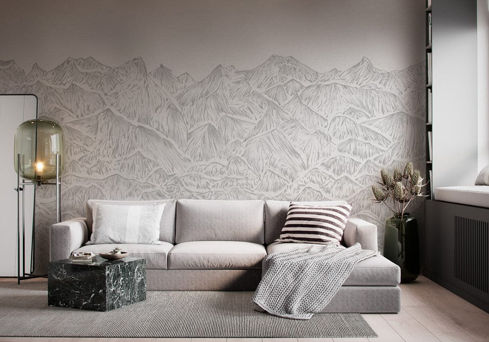 a living room wall mural with a handmade mountain drawing