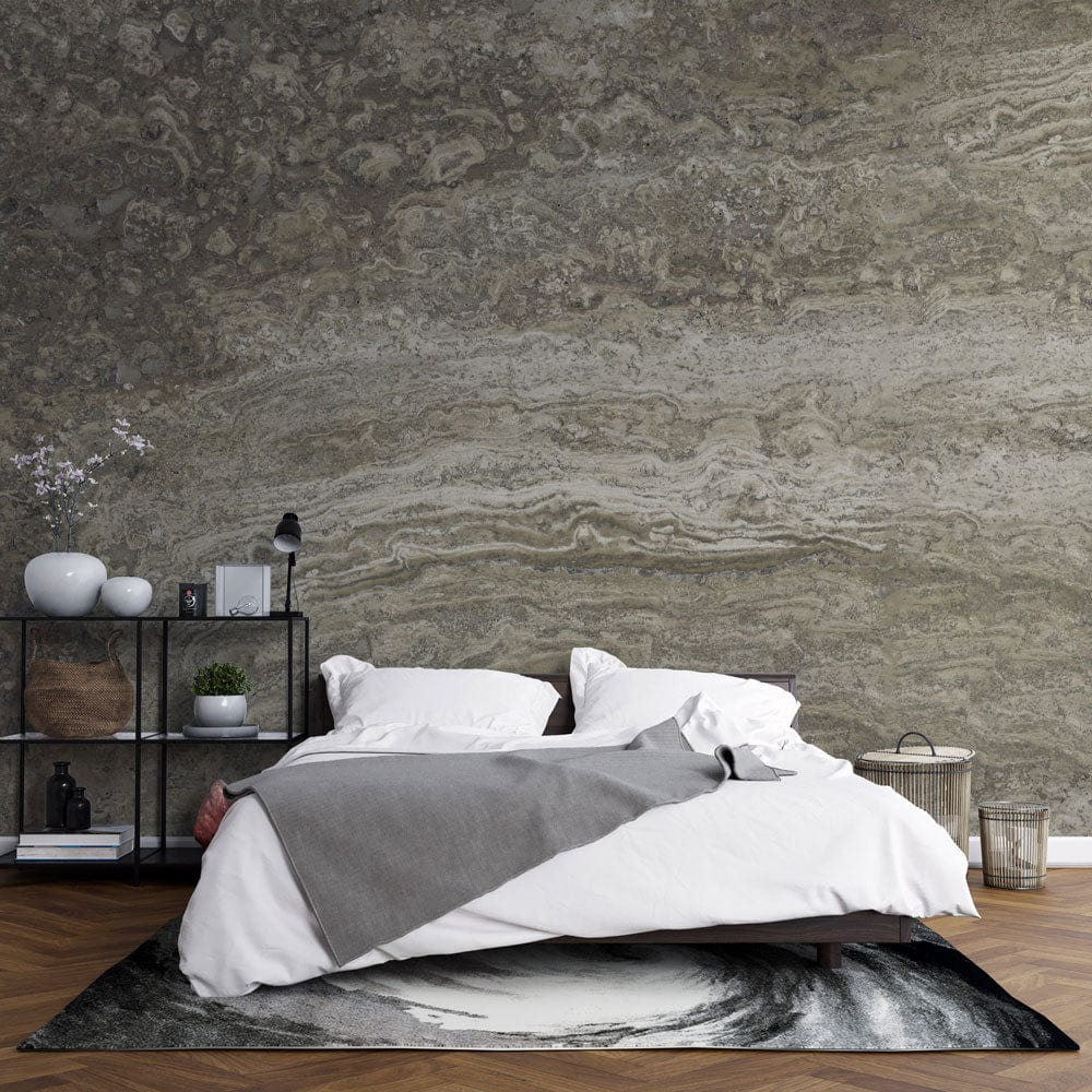 bedroom wall murals with a deteriorated stone look in gray