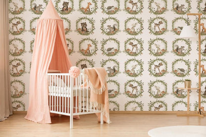 Whimsical Forest Animal Wreath Mural Wallpaper in nursery