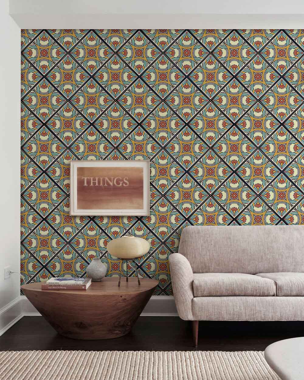 Wallpaper murals for living rooms with floral designs repeated against a vibrant backdrop