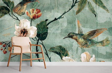 Vintage Bird Floral Botanical Mural Wallpaper