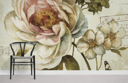 French Vintage Floral Script Wallpaper Mural in living room