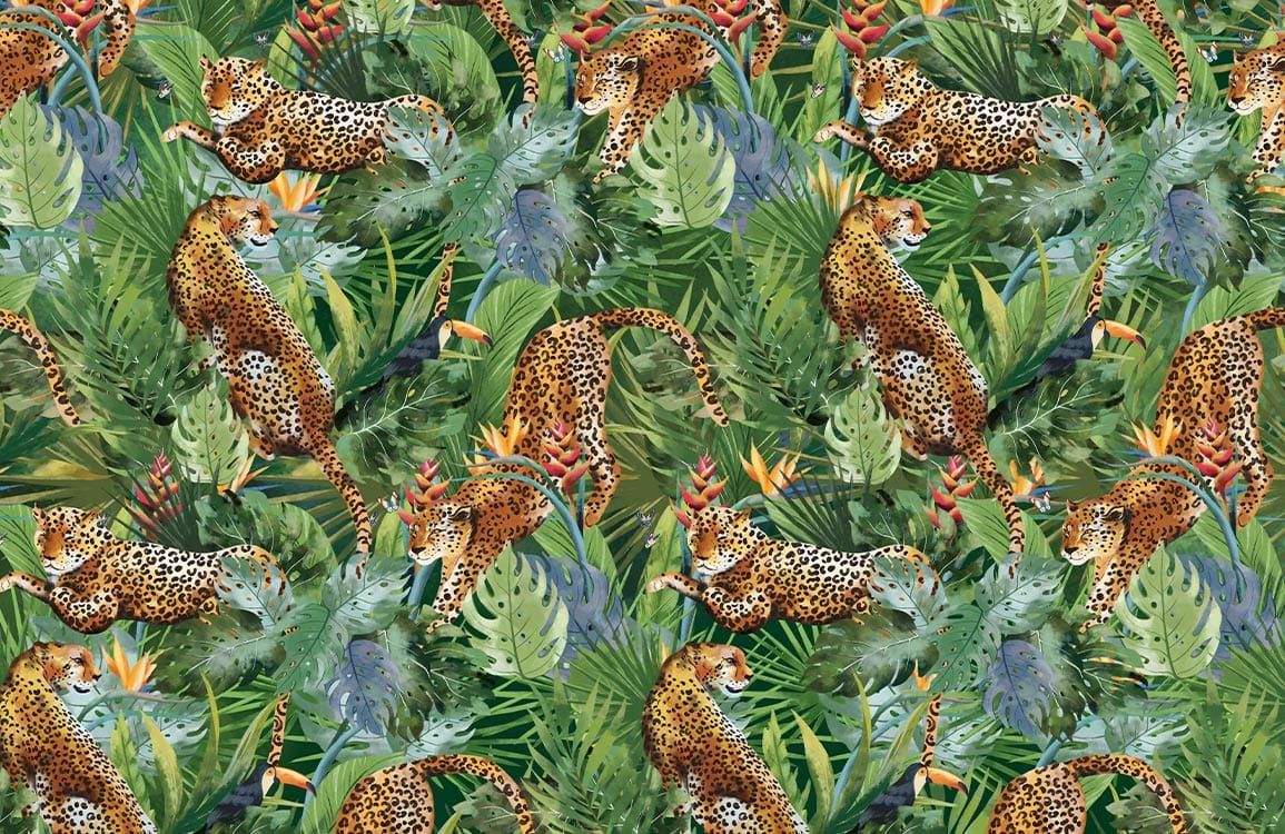 Jungle Leopard Botanical Print Mural Wallpaper