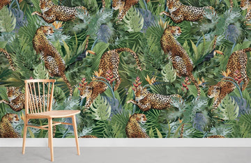 Jungle Leopard Botanical Print Mural Wallpaper