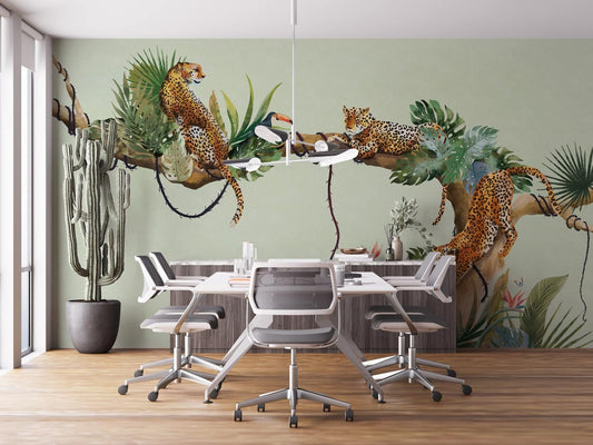 Elegant Gold Crane Bird Mural Wallpaper in meeting room