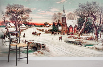 Vintage Winter Village Landschaft Wandbild Tapete