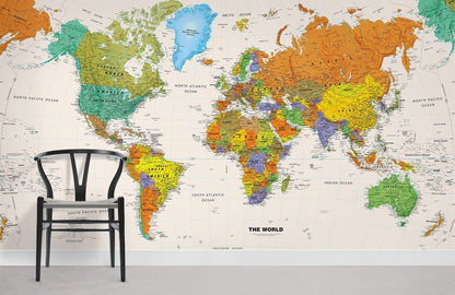 Colorful World Map Wallpaper Mural in study room