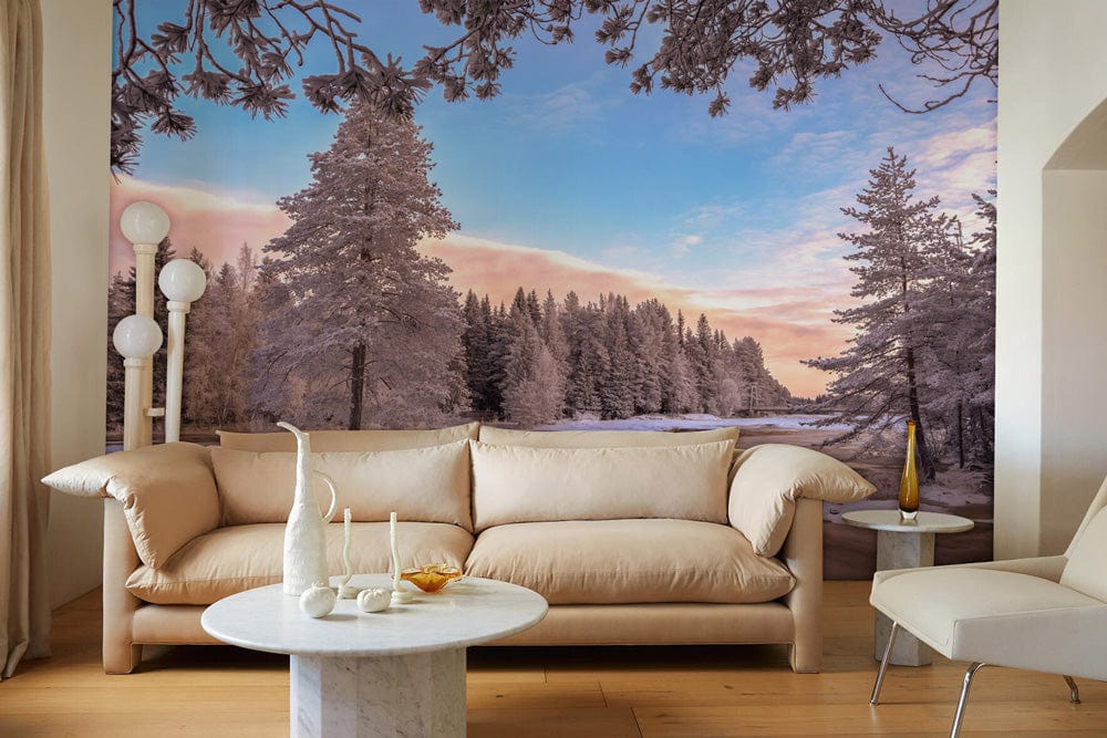 trees and stream in forest all coverd by snow wall murals for living room