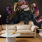 flowers and a black dog decorating the living room with wall murals