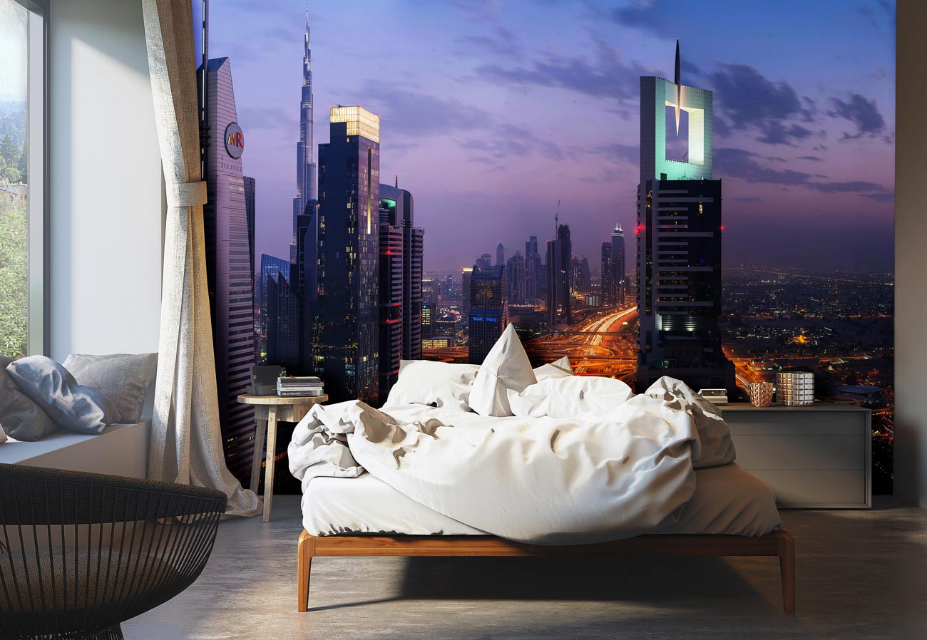 shining Dubai night with building and neon wallpaper decoration art