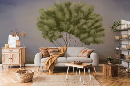 Tranquil Green Tree Landscape Mural Wallpaper in living room
