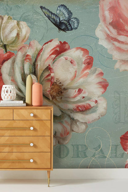 Vintage Floral Butterfly Garden Mural Wallpaper in living room