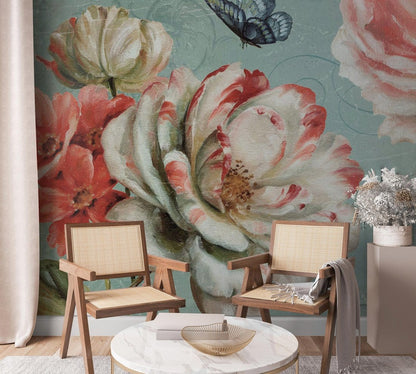 Vintage Floral Butterfly Garden Mural Wallpaper in living room