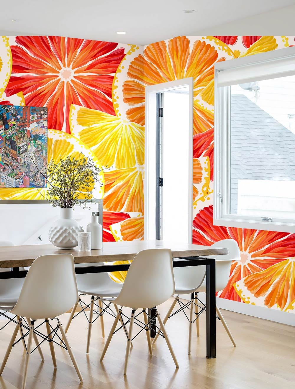 orange-themed wallpaper for a dining room