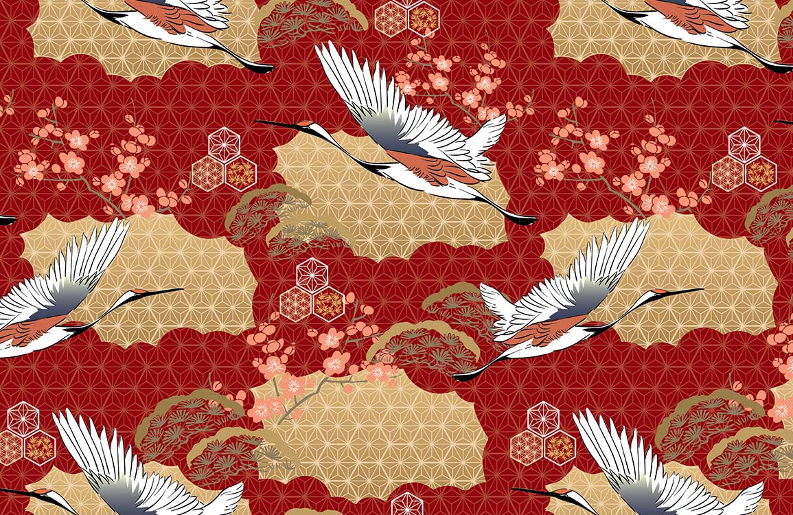 Elegant Red Japanese Crane Mural Wallpaper