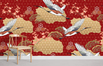 Elegant Red Japanese Crane Mural Wallpaper