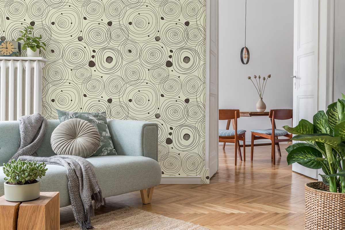 Abstract Circular Pattern Neutral Mural Wallpaper in living room