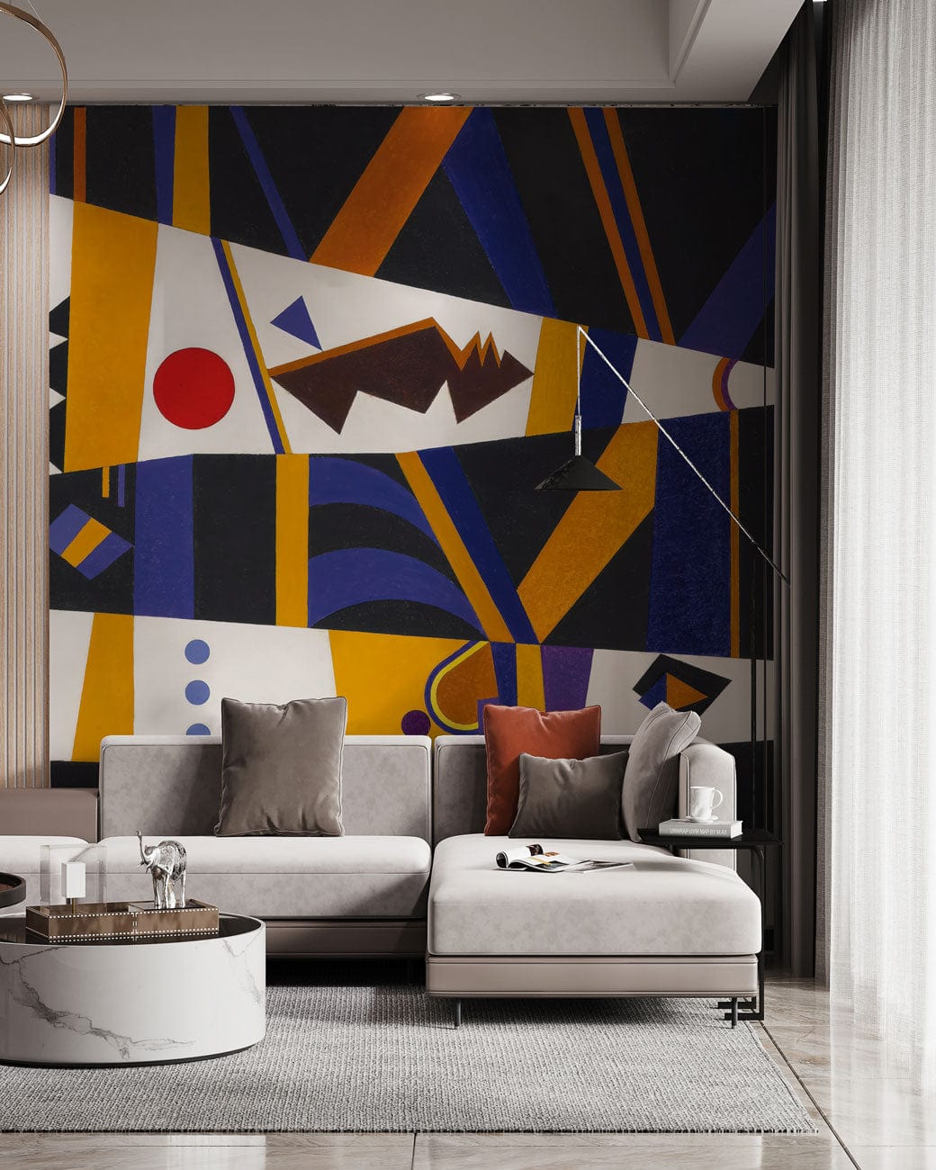 Abstract Cubist Neutral Tone Mural Wallpaper in living room