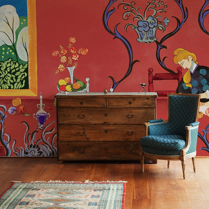 Vibrant Red Floral Artistic Mural Wallpaper in living room