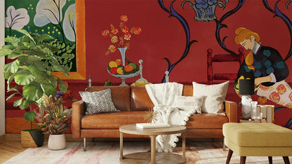 Vibrant Red Floral Artistic Mural Wallpaper in living room