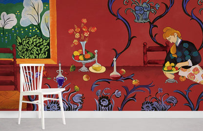 Vibrant Red Floral Artistic Mural Wallpaper in dining room