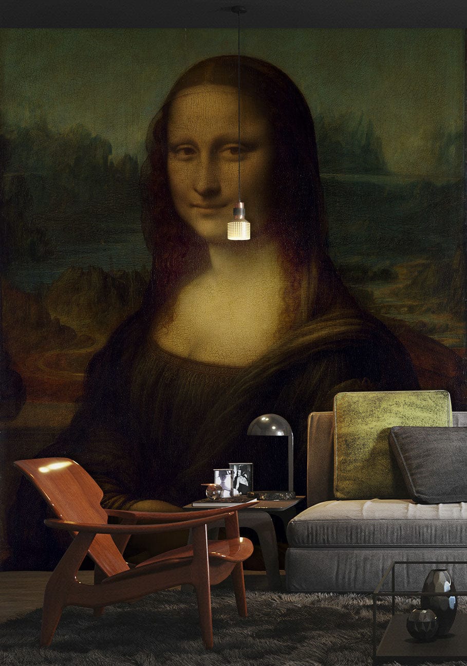 Wallpaper mural featuring the Mona Lisa, perfect for use as a living room decoration