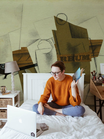 Abstract Cubist Neutral Tone Mural Wallpaper in bedroom