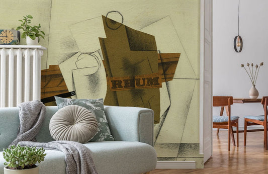 Abstract Cubist Neutral Tone Mural Wallpaper in living room