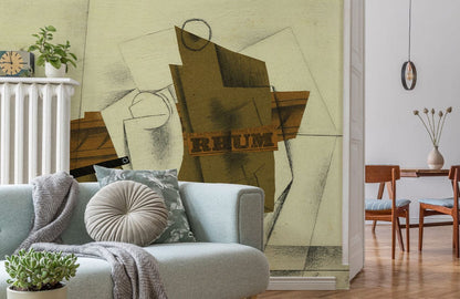 Abstract Cubist Neutral Tone Mural Wallpaper in living room