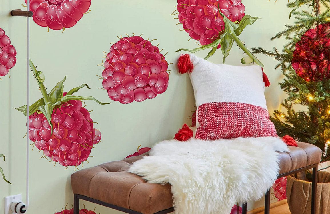 delicious fruit to eat living room with raspberry-hued wallpaper
