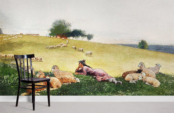 Pastoral Landscape Sheep Watercolor Mural Wallpaper