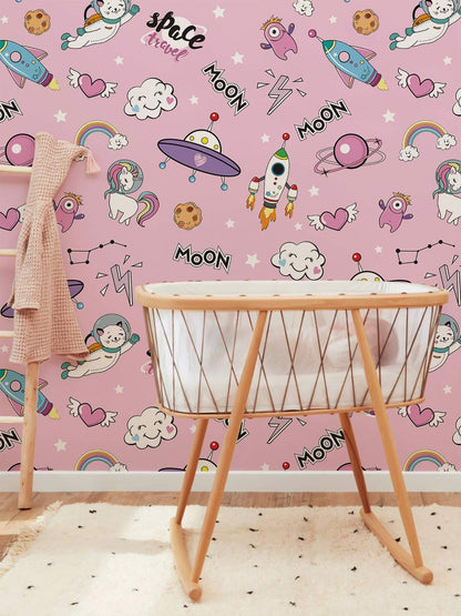 Playful Space Adventure Kids Mural Wallpaper in nursery
