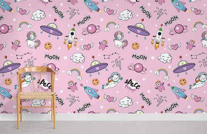 Playful Space Adventure Kids Mural Wallpaper in playroom
