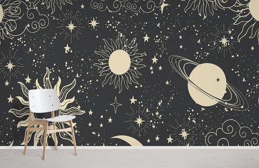 Wallpaper Mural for Home Decoration Featuring a Dark Space Scene with Solar Planets