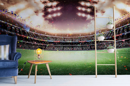 Wallpaper mural in the hallway depicting a brightly lit stadium at night