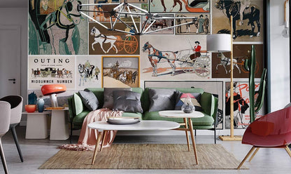 Vintage Equestrian Illustration Collage Mural Wallpaper in living room