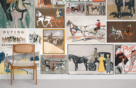 Vintage Equestrian Illustration Collage Mural Wallpaper in living room