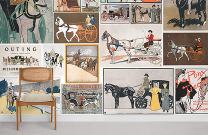 Vintage Equestrian Illustration Collage Mural Wallpaper in living room