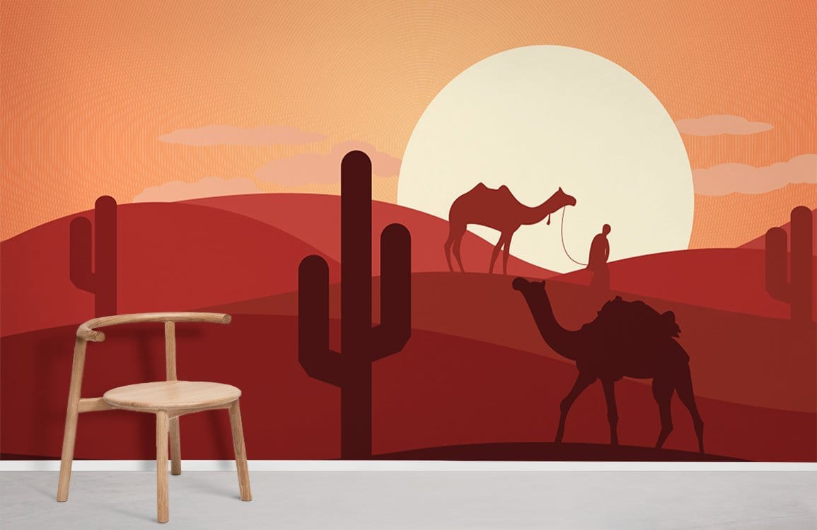 Wallpaper mural for home decoration with a sunset over a cactus desert.